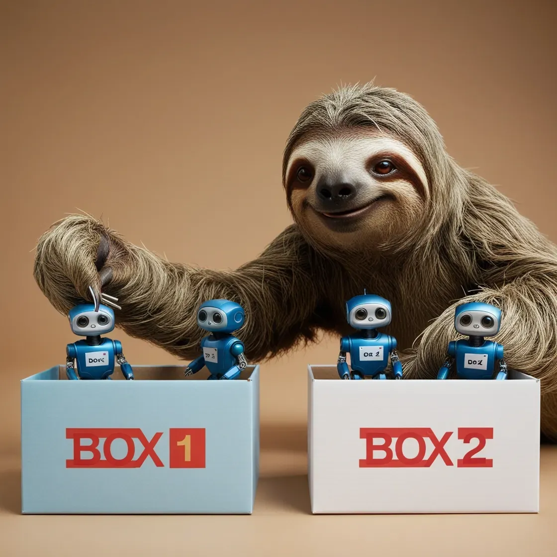 Sloth With Bots In Two Boxes