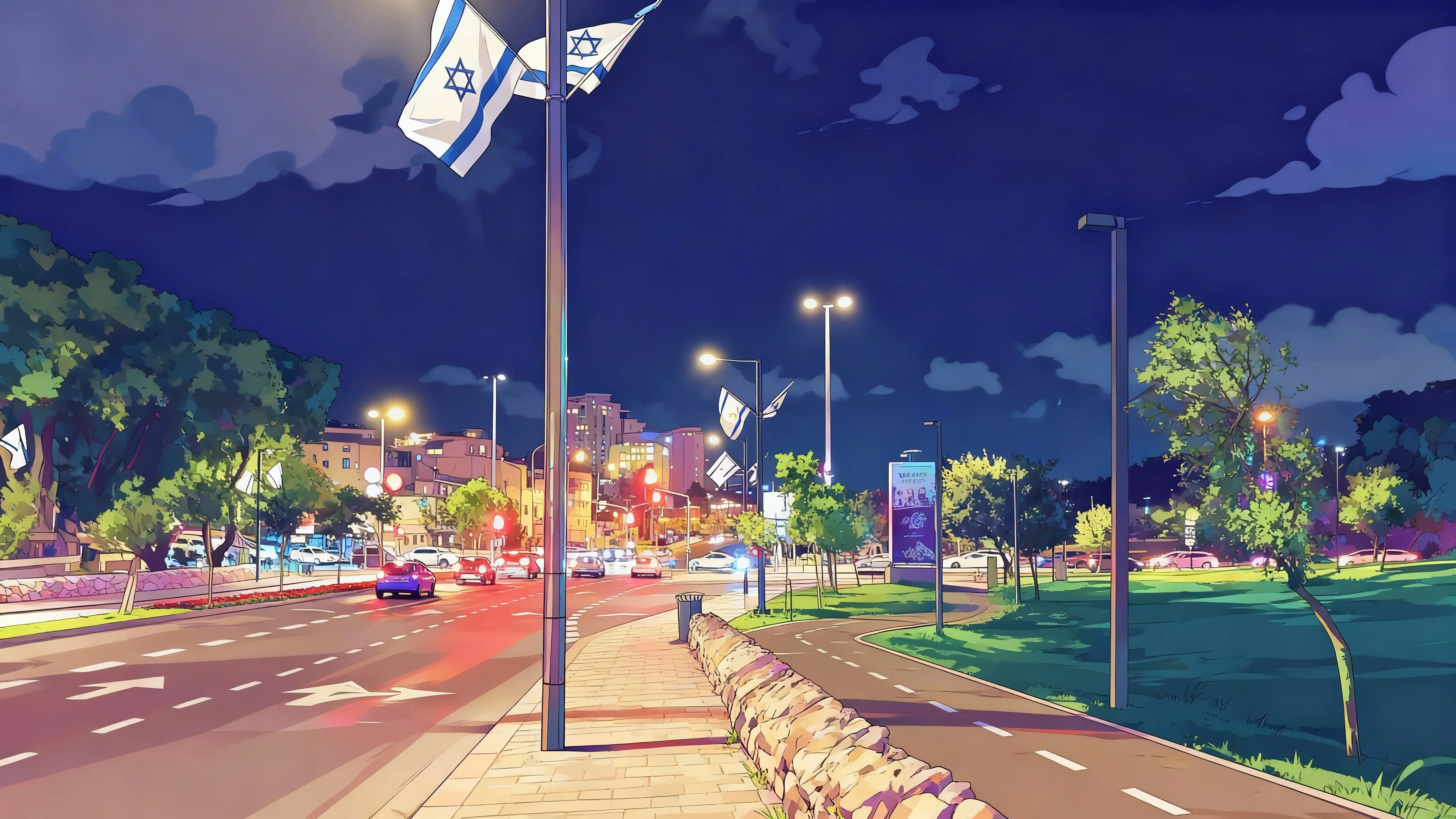 Jerusalem Street Night Israeli Flags Artistic