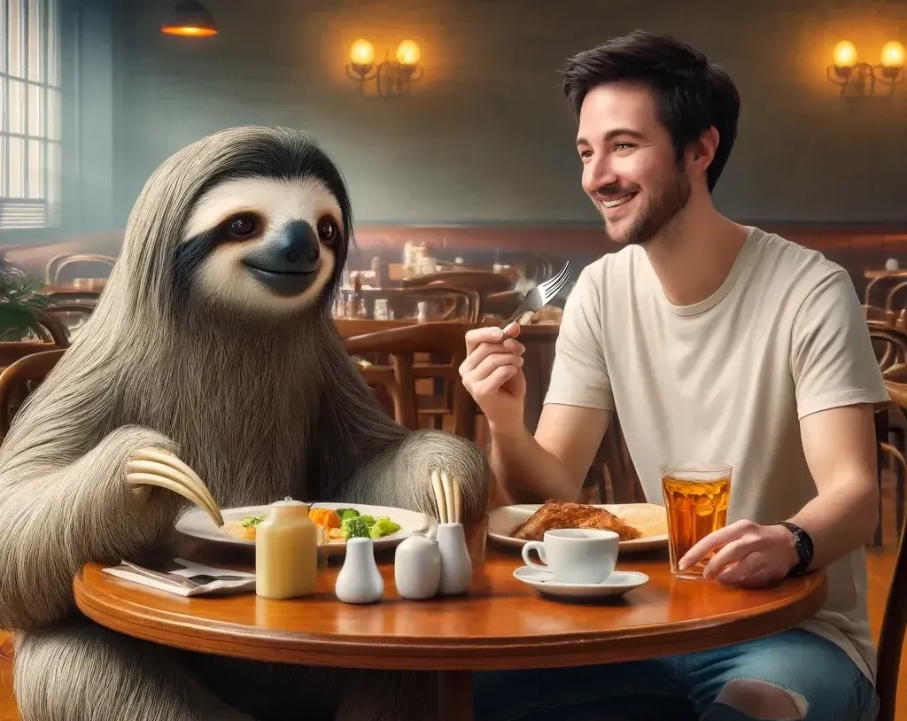 Sloth And Human Having Lunch