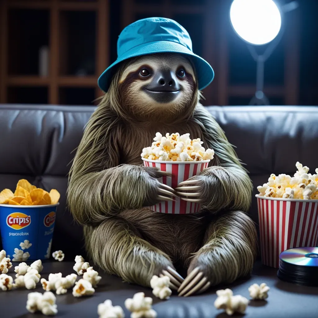 Sloth Eating Popcrorn In Cinema